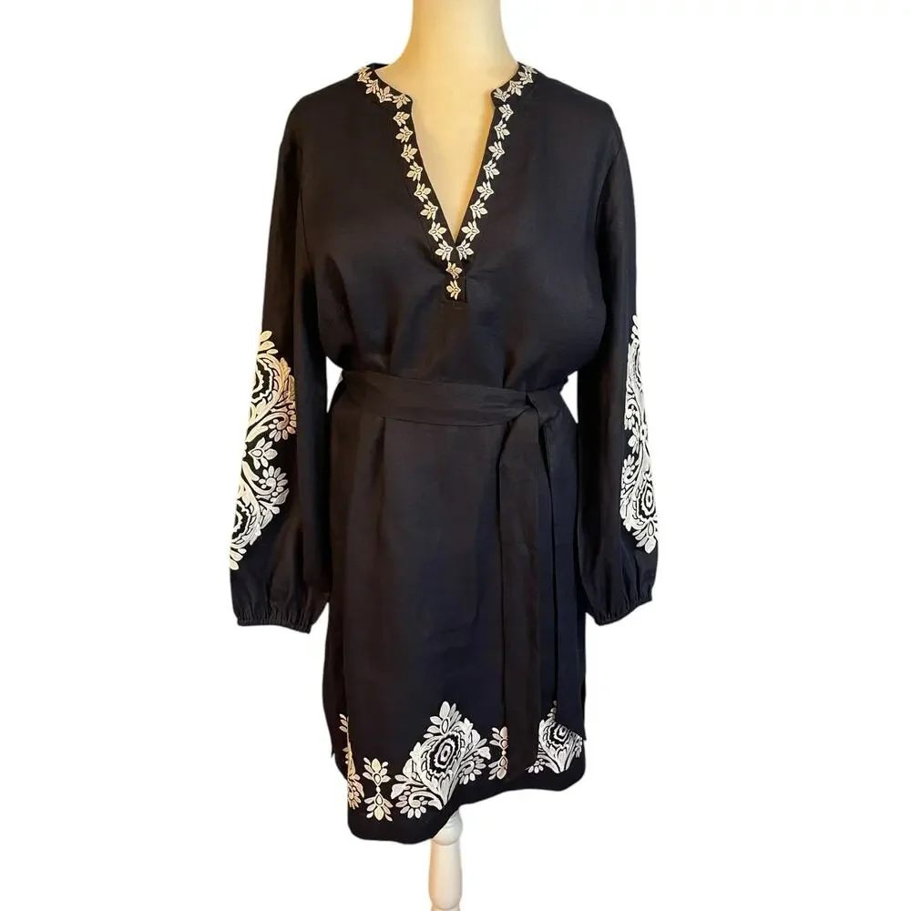 Boden Cleo Embroidered Linen Dress Navy White Long Sleeve Belted Size 14 - Picture 6 of 10